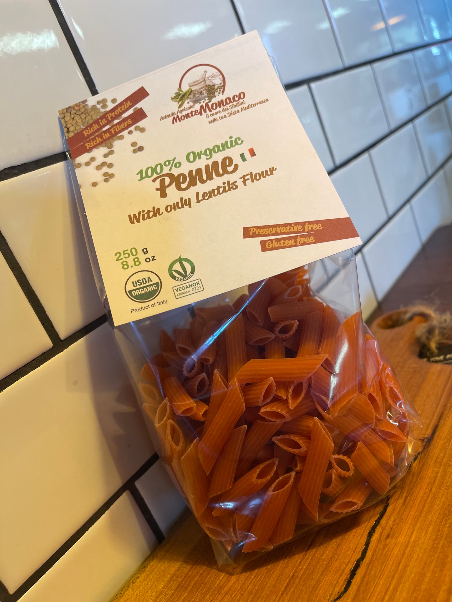 Gluten Free Pasta - Monte Monaco Penne Pasta made with red lentil. Imported from Italy